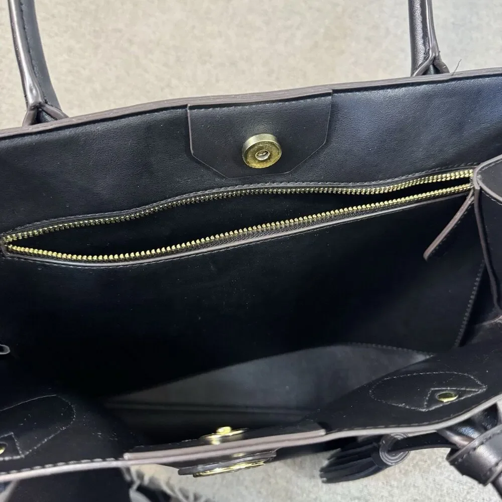 Anne Klein Tote Bag Black Top Handle Purse Tassel Charm Vegan Leather 13x9x6